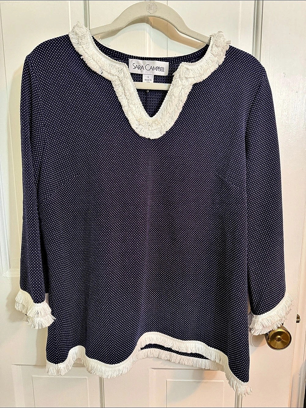 Sara Campbell Bell Silver Tunic w/ Split Neck & Fringe Split Neck Fringe Tunic
